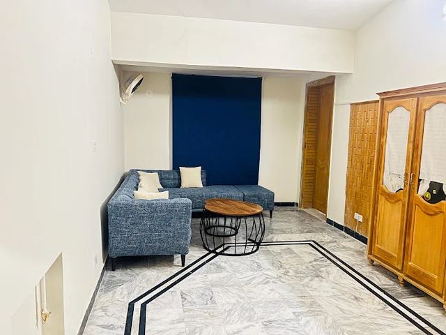Lounge with blue sofa